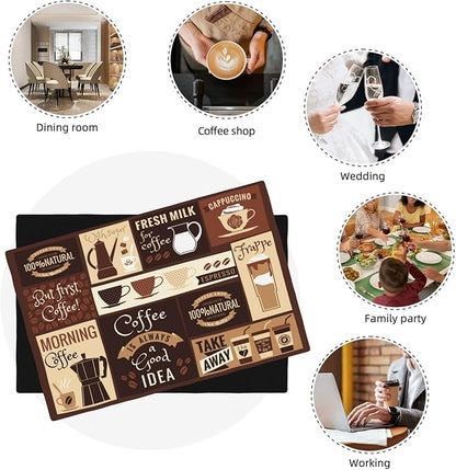 Coffee Table Placemats Set, Hot Mocha Latte Milk Typography on Scribble Backdrop, Set for Dining Table Decor 6 PCS, Cafe-2
