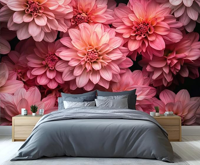 Pink Dahlia Floral Wall Mural, Blush Pink Dahlia 3D Wall Murals, Romantic Floral Wallpaper Mural, for Living Room Bedroom Large Wallpaper Indoor Decor 157.5" W x110.3 H