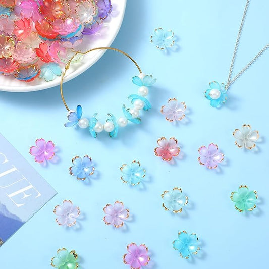 100 Pcs Flower Beads, 5-Petal Acrylic Spacer Beads Mini Golden Edge Floral Shaped Bead for Making DIY Craft, Jewelry Charms, Bracelets, Necklaces, Earrings (Colorful Gradient)