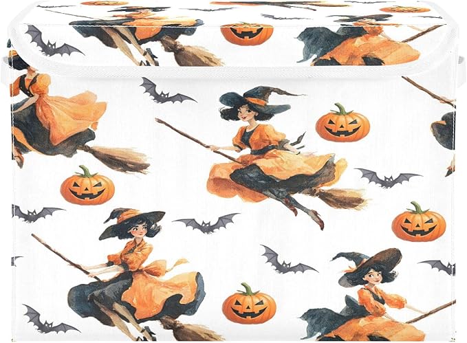Halloween Baskets Collapsible Storage Bins with Lids, Witch Pumpkin Bat Pattern Storage Boxes Clothes Baskets for Organizing