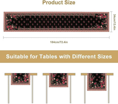 Romantic Rose Table Runner, Black Red Floral Blossoms Farmhouse Rustic Decor Table Runner for Kitchen Dining Home Party Wedding, 13x70 Inch