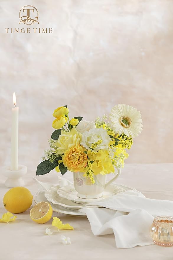 TINGE TIME Artificial Flowers Combo Mix Silk Flowers Yellow Roses w/stem for DIY Wedding Bridal Bouquets Baby Shower Floral Arrangement Table Centerpieces Home Decorations (Lemon Yellow)