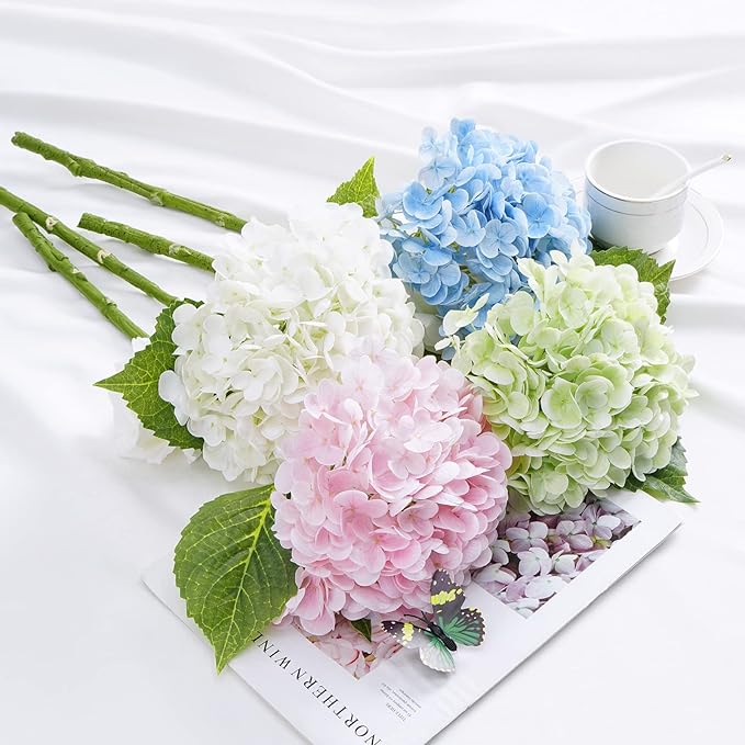 Waipfaru 21" Real Touch Hydrangea Artificial Flowers with Long Stem & Leaves, Full Latex Faux Hydrangea Flowers for Home Decor Party Floral Arrangements Wedding Bouquets Centerpieces, Green 3Pcs