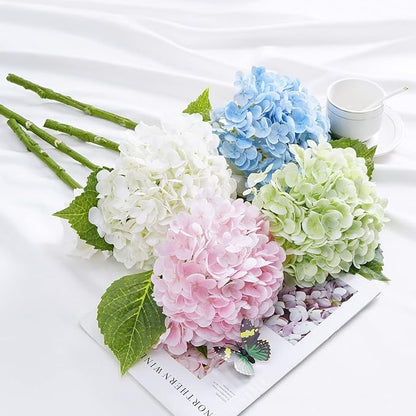 Waipfaru 21" Real Touch White Hydrangea Artificial Flowers with Long Stem & Leaves, Full Latex Faux Hydrangea Flowers for Home Decor Party Floral Arrangements Wedding Bouquets Centerpieces, 4Pcs