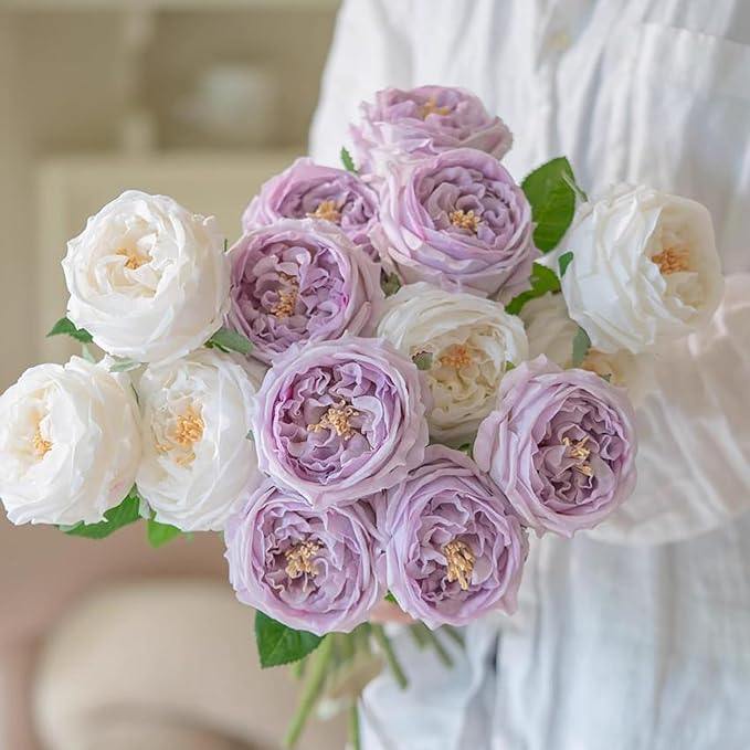 Fake Flowers for Decoration Home Decor Real Touch Artificial Flowers Austin Rose Peony Latex Fake Flower Living Room Decoration Vivid Pink Roses Peonies (Light Purple 4pcs)