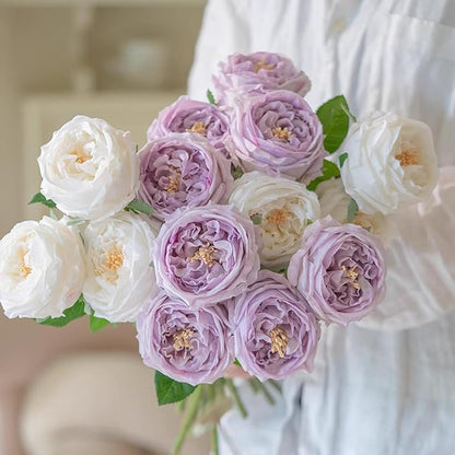 DUYONE White 4pcs Fake Flowers for Decoration Home Decor Real Touch Artificial Flowers Austin Rose Peony Latex Fake Flower Living Room Decoration Vivid Pink Roses Peonies(White 4pcs)