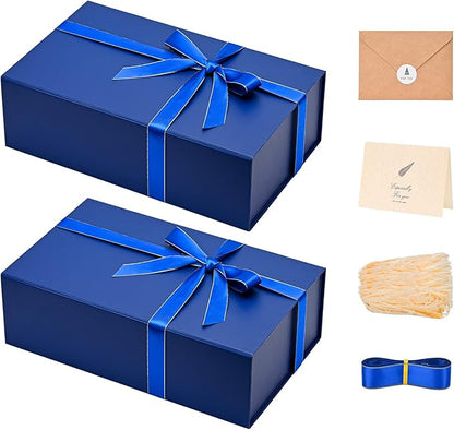 LIFELUM Navy Blue Gift Boxes 2 Pack 13.85 x 8.35 x 4.45 inch, Gift Box for Presents with Ribbon,Card,Shredded Paper Filler Magnetic Closure for Business, Father's Day, Holidays,Birthdays