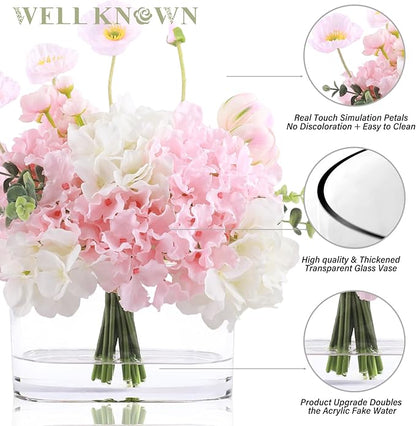 WELL KNOWN Artificial Flowers in Vase, Fake Hydrangea Tulip Flowers Bouquet with Big Glass Vase for Home Office Wedding Party Decor for Dining Table Centerpiece Housewarming Mom's Gift (Pink White)