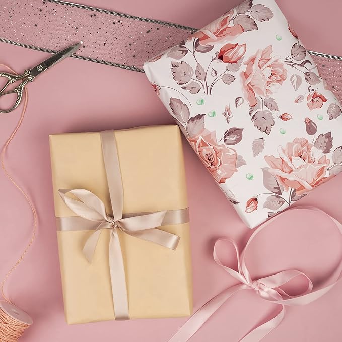 WRAPAHOLIC 30 Inch Reversible Floral Wrapping Paper - 30 Inch X 100 Feet Jumbo Roll Beautiful Pink Floral Design, Perfect for Wedding, Mother's Day, Birthday, Baby Shower
