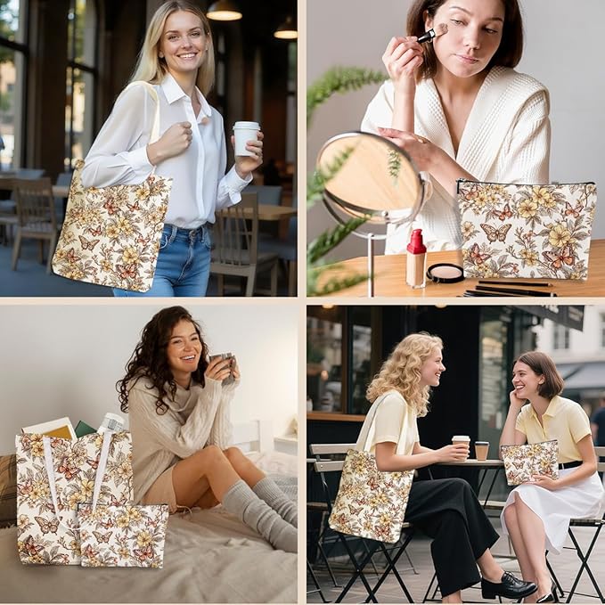 Flower Plant Lover Gifts for Women Canvas Tote Bag with Makeup Bag Cosmetic Bags Grocery Bags for Shopping Christmas