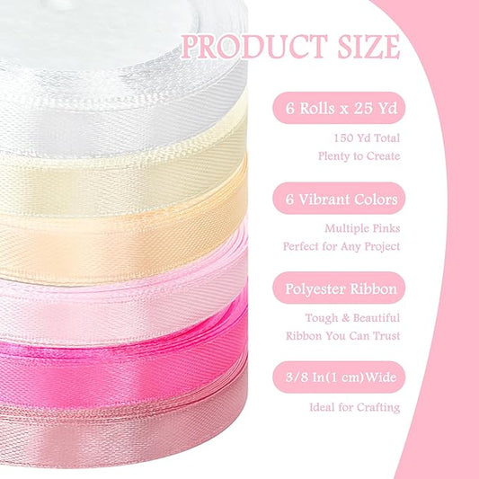 3/8" 6 Colors X 25 Yards Pink/Hot Pink Satin Ribbon,150 Yards Assorted Colors Satin Ribbons for Flower Bouquet,Ribbons for Gift Wrapping Happy Birthday Party Decorations