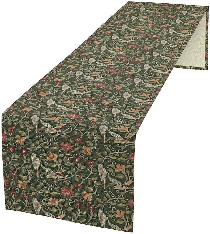 William Morris Table Runner, Vintage Boho Green Botanical Flowers Birds Tabletop Decoration for Kitchen Dining Indoor Outdoor Home Holiday Party, 13x108 Inch