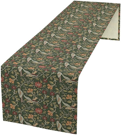 William Morris Table Runner, Vintage Boho Green Botanical Flowers Birds Tabletop Decoration for Kitchen Dining Indoor Outdoor Home Holiday Party, 13x120 Inch