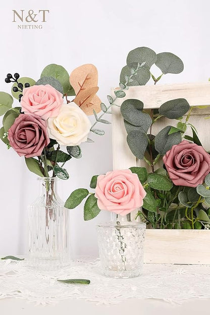 N&T NETING Artificial Flowers Roses 25pcs Real Looking Fake Spring Roses Stem for DIY Wedding Bouquets Centerpieces Arrangements Home Decorations Party Baby Shower Shades of Dusty Rose, Pink & Cream