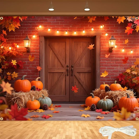 10x6.5FT Extra Large Fall Autumn Backdrop - Fall Photography Background with Pumpkins, Maple Leaves & Barn Wood (19.68FT Ribbon) - Thanksgiving, Friendsgiving, Harvest Party Decor, Photo Booth Props