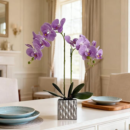 LISU Artificial Orchids, Silver Vases, Home Decoration Flower Arrangements,Purple Orchids Fake Flowers in Vases.