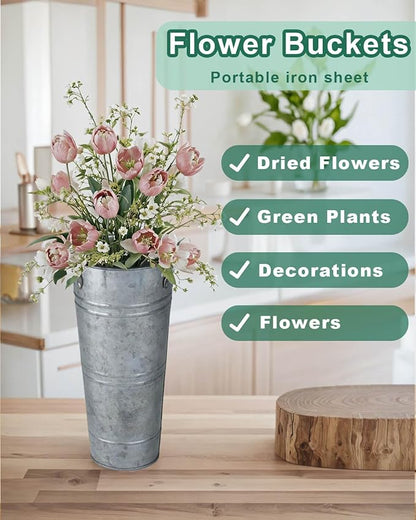 9 Inch Galvanized Metal Vases for Flowers - 6 Pcs Farmhouse Decorative Tall Flower Bucket with Handles, Rustic French Tin Planter Buckets for Wedding Decor (Silver)