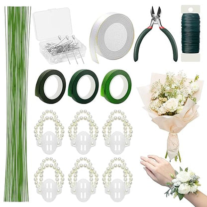 Bouquets Floral Wire Arrangement Tool Kit, COITEK DIY Bouquet Making Tools with 3P Floral Tape, 6P Elastic Pearl Wrist, Floral Wire,Flower Pin, Cutter, Ribbon for Wrist Corsages Wedding Decor