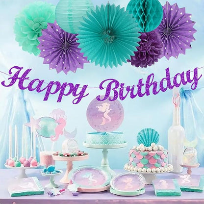 Teal-purple Lavender Girl Mermaid-birthday Party-decorations - 21pcs Happy Banner,Under The Sea Ocean Paper Lanterns Honeycomb Streamers,Tissue Pom Poms Flower Fan,Classroom Hanging Decor Huglony