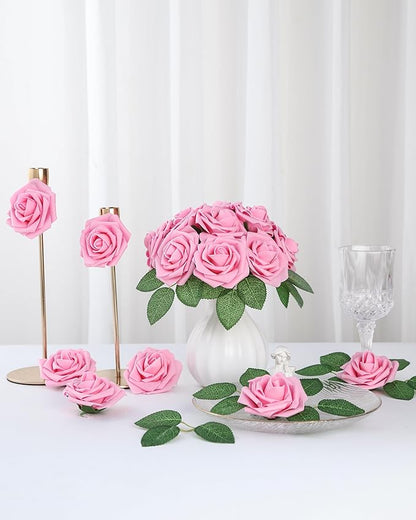 DuHouse 50Pcs Artificial Roses Flowers Fake Roses with Stems Real Touch Foam Flowers for DIY Wedding Bouquet Baby Shower Centerpiece Floral Arrangement Party Home Decor(Pink)