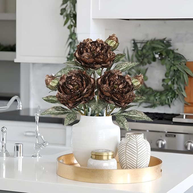Briful 3PCS Artificial Christmas Peony Flower Stems, 15in Silk Peonies with Bud Fake Peony Floral Arrangement for Xmas Home Vase Party Wedding Bouquet Decor, Coffee Brown