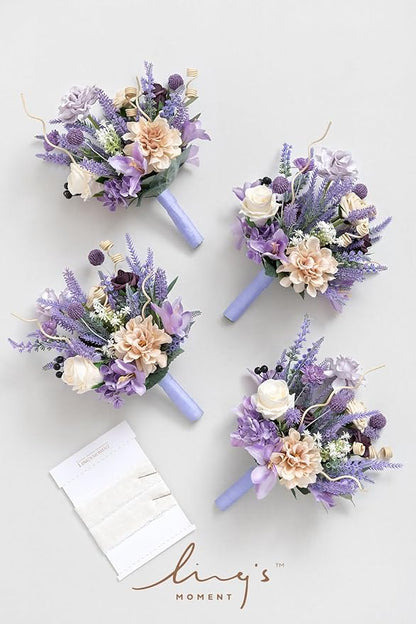 Ling's moment Artificial Flowers Purple Bridesmaid Bouquet Set of 4, Lavender Wedding Flowers Bouquets for Bridesmaids, 7 Inch Bridal Bouquets for Bridesmaids, Wedding, etc