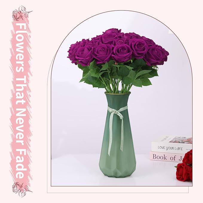 52 PCS Purple Roses Artificial Flowers, Fake Purple Roses, Purple Artificial Roses with Stems for Wedding Flowers Decoration, Valentines Roses, Wedding Decoration