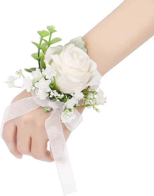 White Rose Wrist Corsages Wristlet Band Bracelet for Wedding,Set of 6, Ivory Eucalyptus Wrist Flower Wristband Hand Flower for Bride, Bridesmaid, Mother of Bride, Prom Party Decor