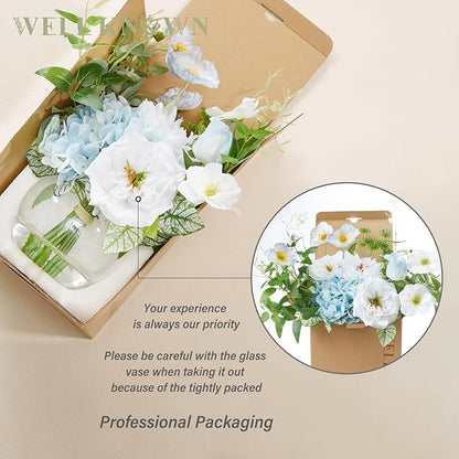 WELL KNOWN Artificial Silk Flowers Bouquet with Vase, Fake Flower Arrangements in Glass Vase with Faux Water for Spring Summer Seasonal Home Office Hotel Wedding Table Decor (Blue in Spring)