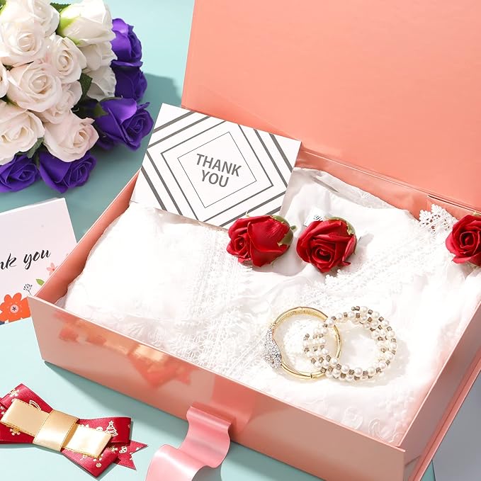 GREEN BEAN Large Gift Box with Lid for Presents 13x9.7x3.4 Inches, Gift Box Rose Gold Magnetic with Ribbon, Bridesmaid Proposal Box Luxury (Glossy Rose Gold)