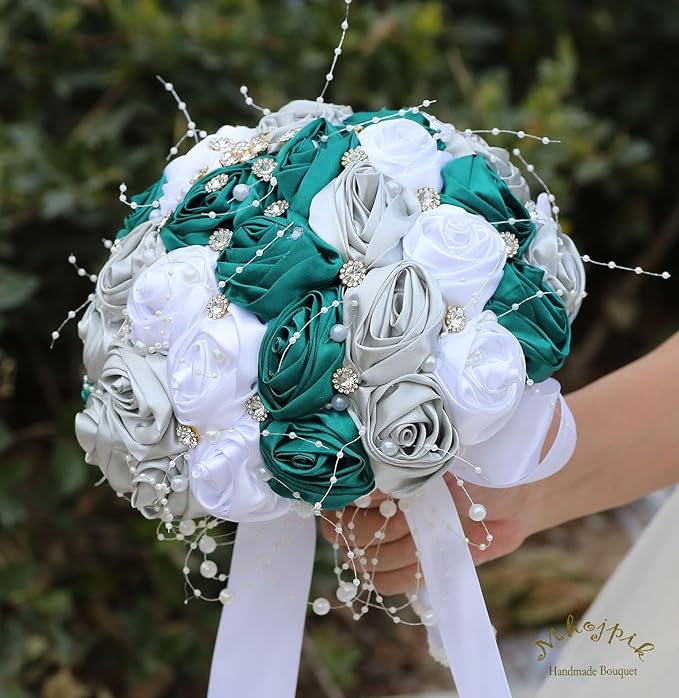 Bridal Wedding Bouquet Round Bling Brooch Bouquet Throw Toss Artificial Rose Flower Bunch for Bride Bridesmaid Wedding Quinceanera(Dark Green, Silver & White, 7.5")
