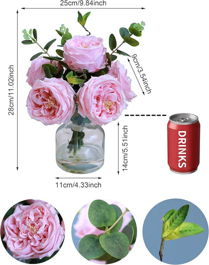 Forlaoers Real Touch Pink Floral Rose Fake Flower Bouquet in Fake Water Silk Flower Arrangements Artificial Flowers with Vase Centerpieces for Center Table Decor Dining Room House Kitchen Decorations