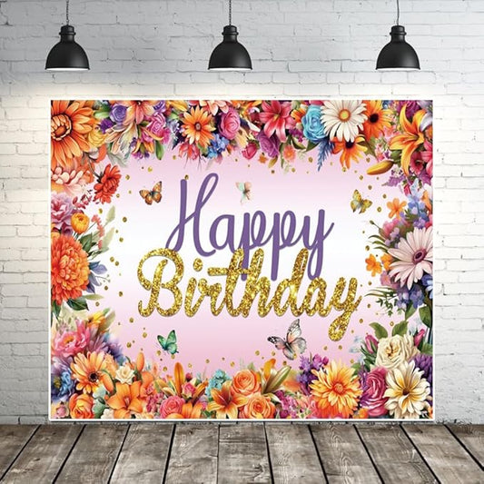 Colorful Flowers and Butterflies Birthday Backdrop, 10x8ft, Polyester Fabric, Deal for Photo Shoots, Celebrations, and Decor, Perfect for Birthday Party Decoration and Event Photography