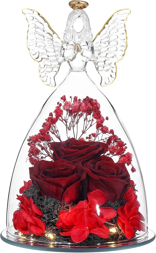 Mothers Day Rose Gifts Glass Angel Figurine with Three Roses Gifts, Preserved Forever Real Rose Gifts for Women, Angel Guardian with Rose for Mothers Day - Wine Red