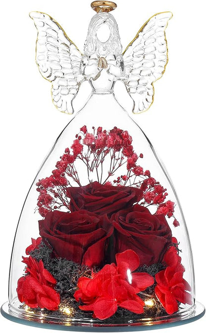 Mothers Day Rose Gifts Glass Angel Figurine with Three Roses Gifts, Preserved Forever Real Rose Gifts for Women, Angel Guardian with Rose for Mothers Day - Wine Red