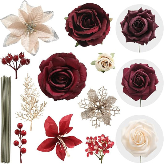 YYHUAWU Artificial Christmas Flowers Greenery Combo Box Set Faux Flowers Bulk Flower Leaf with Stems for DIY Tree Ornaments Xmas Wreath Floral Arrangements Centerpieces