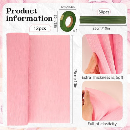 12 Colors Crepe Paper Rolls 10 x 98 Inch Crepe Paper Sheets Assorted Streamers with Floral Stem Wire and Green Floral Tapes DIY Flower Wrapping Paper for Birthday Party Wedding Festival Decoration