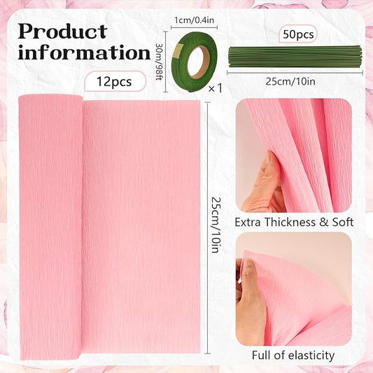 12 Colors Crepe Paper Rolls 10 x 98 Inch Crepe Paper Sheets Assorted Streamers with Floral Stem Wire and Green Floral Tapes DIY Flower Wrapping Paper for Birthday Party Wedding Festival Decoration