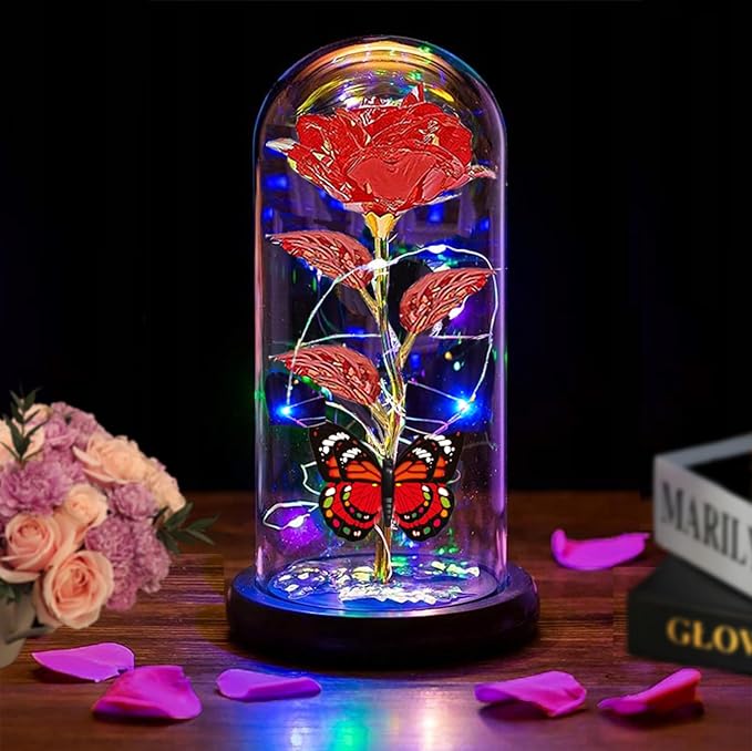 Christmas Rose for Women Mom Wife Her,Womens Gifts for Christmas,Light Up Rose Flower Gifts for Women,Glass Butterfly Gifts for Sister, Birthday Gifts for Mom Red
