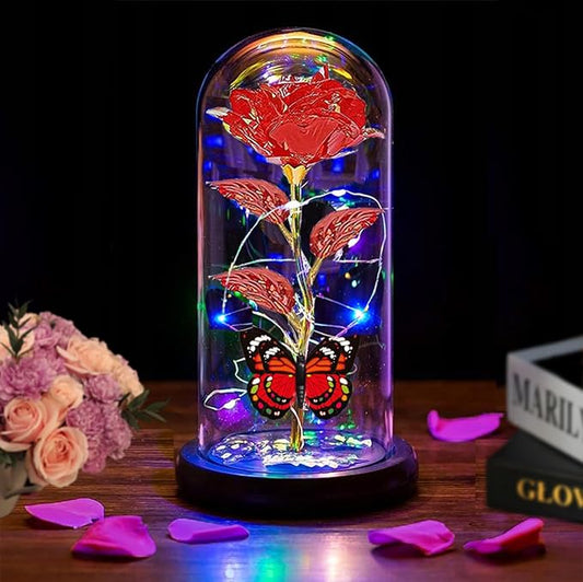 Christmas Rose for Women Mom Wife Her,Womens Gifts for Christmas,Light Up Rose Flower Gifts for Women,Glass Butterfly Gifts for Sister, Birthday Gifts for Mom Red