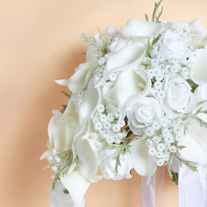 Bride Bouquets for Wedding,11 Inch White Calla Lily Cascading Bridal Bouquet Silk Flowers for Ceremony Anniversary Wedding Bridal Shower(Natural Whites)