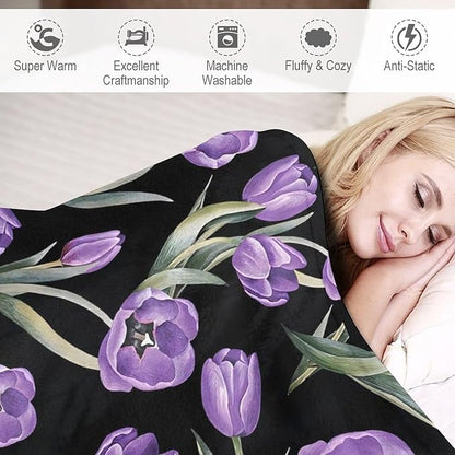Purple Tulip Blanket Flower Gifts for Girls Women Tulip Floral Throw Blanket for Kids Adults Soft Warm Cozy Fleece Blanket for Couch Sofa Bed 60"x80"