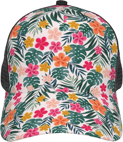 Tropical Pink Flowers Hats Women Men Hawaii Trucker Hat Adjustable Snapback Mesh Baseball Cap Hat