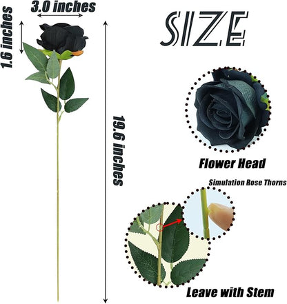 SITUMEIZI 15PCS Black Artificial Roses Silk Flowers Fake Roses Realistic Bouquet Long Stem with Gift Box for Mother's Gift Day Home Party Wedding Decorations