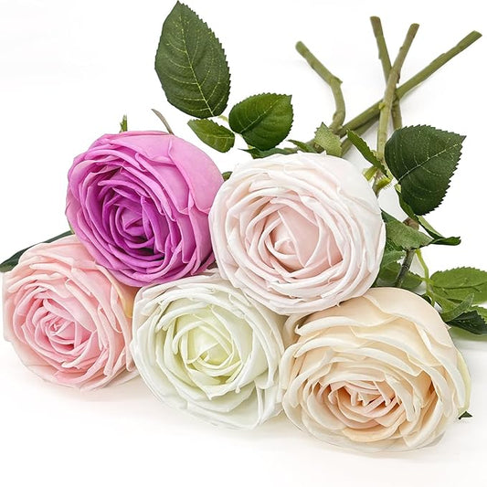 5Pcs Mixed Real Touch Artificial Silk Flowers with Stems - Lifelike Latex Austin Rose Peony for Wedding Bouquets, Home Decor, DIY Floral Arrangements