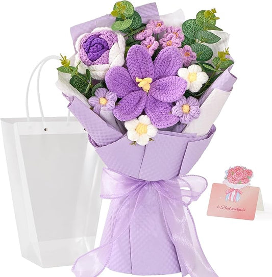 Alecono Crochet Flower Bouquet, Knitted Flowers, Purple Handmade Bouquet of Flowers for Lover Anniversary Birthday Party Mother's Day Graduation Gifts (Include Card)