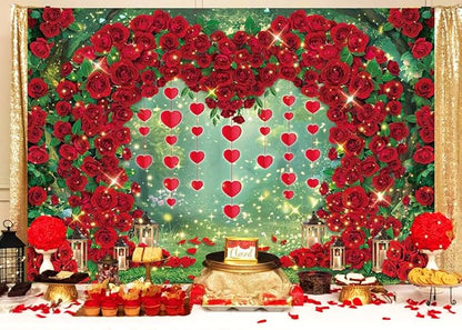 Valentine's Day Backdrop Red Rose Love Heart Garden Photography Background Floral Wedding Bridal Shower Birthday Party Decorations Photo Banner Props (120x96inch(10x8FT))