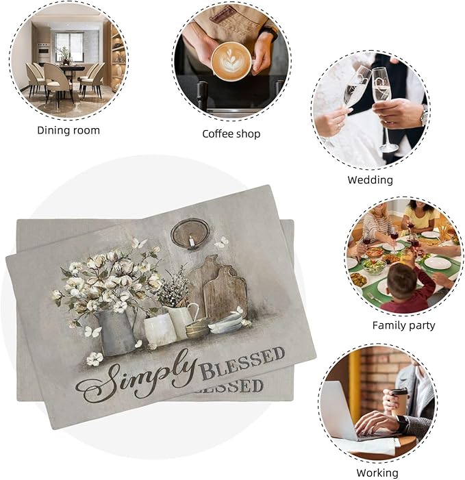 Simply Blessed Placemats Set of 4, Double-Sided Table Mats for Dining Room Home Party Indoor Decor 4 PCS 12x18 Inch