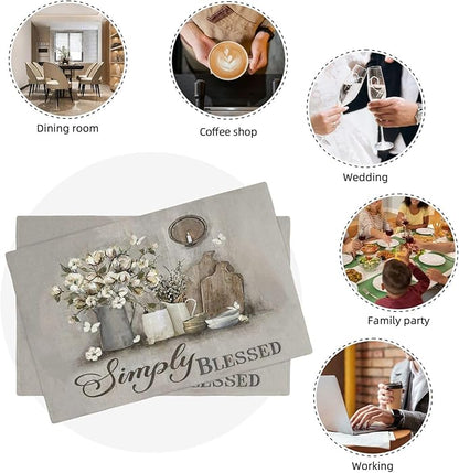 Simply Blessed Placemats Set of 4, Double-Sided Table Mats for Dining Room Home Party Indoor Decor 4 PCS 12x18 Inch