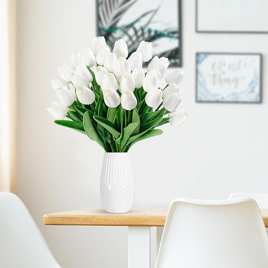 Sggvecsy 15 Pcs Fake Tulips Artificial Flowers Real Touch PU Faux Flowers Tulip Stems for Wedding Spring Bouquet Floral Arrangement Home Party Office Decorations for Mother's Day (White)